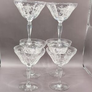 Six 6 Vintage Fostoria Florentine Etched Crystal Champagne Sherbet Glasses 5.5"